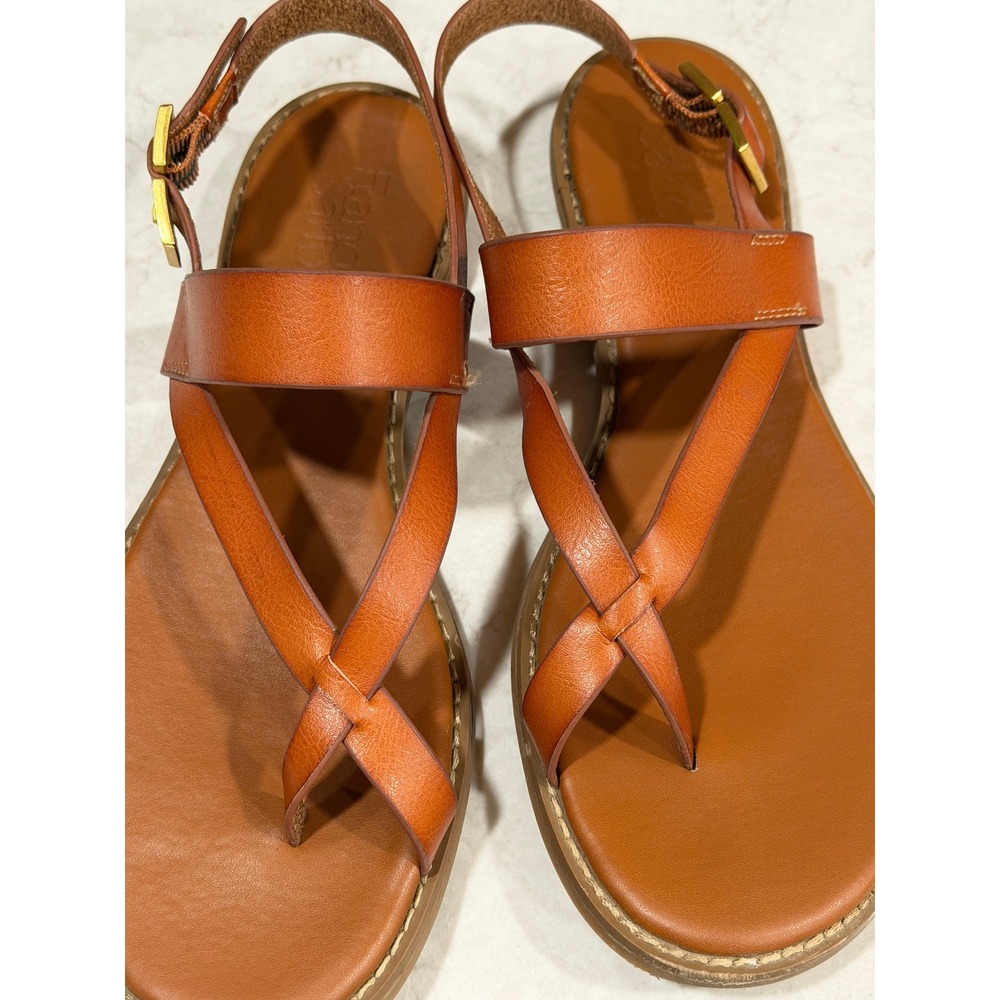 Franco Sarto Gabby 2 Cognac Leather Strappy Toe Loop Flat Sandals Womens 9M - Picture 2 of 12